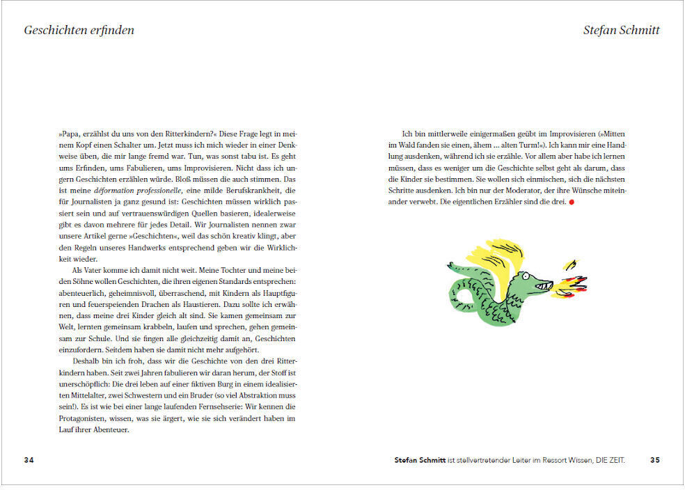 Eine Buchseite aus dem Kinderbuch 'Vom Kind gelernt' mit Text und einer farbigen Illustration eines grünen Drachens mit Flügeln, die eine Krone trägt.
