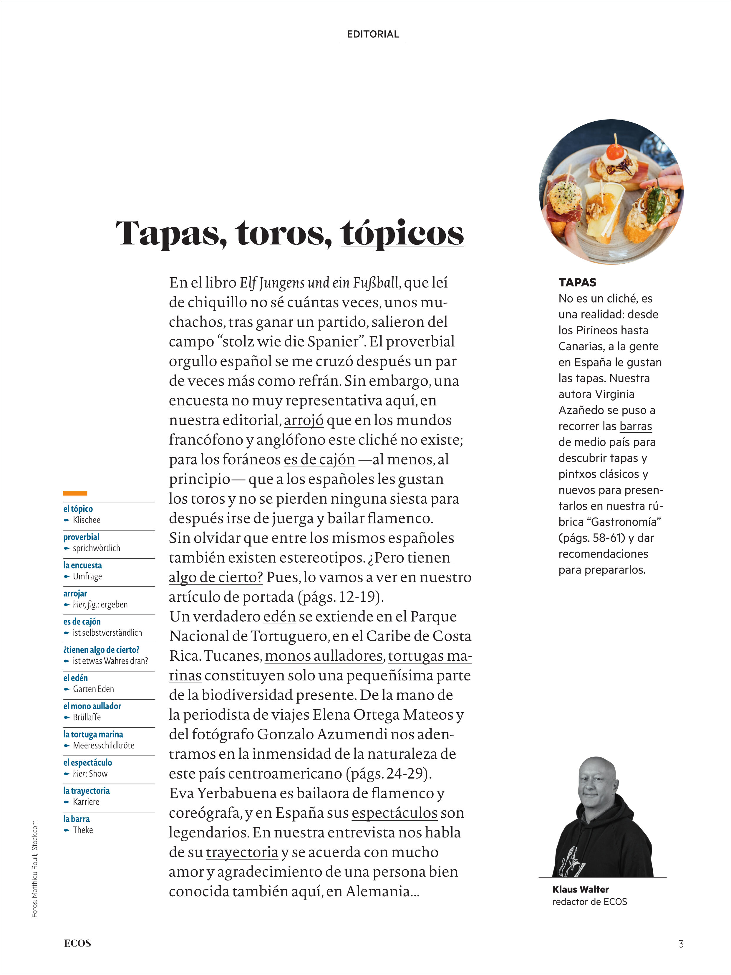 Eine Magazinseite aus dem Ecos Magazin 9/2025. Links befindet sich ein Editorial-Text über spanische Themen wie Tapas, Toros und Stereotype. Oben rechts ist ein rundes Foto mit einem Tapas-Teller. Darunter steht eine Textbox mit Hintergrundinformationen zu Tapas und deren Bedeutung in Spanien. Im unteren rechten Bereich ist ein Porträtfoto eines Mannes mit kurzer Vorstellung. Das Layout ist überwiegend weiß mit farbigen Akzenten in Schwarz, Blau, Gelb und Rot.
