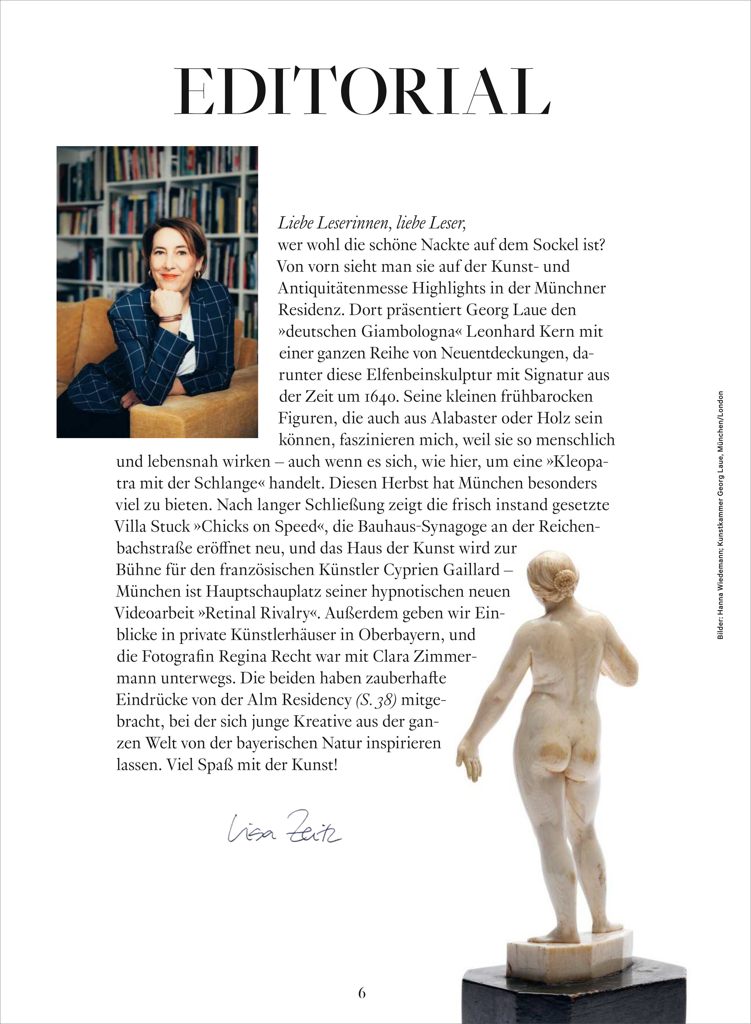 Titelblatt eines Kunstmagazins mit dem Titel 'Weltkunst 247/25 Sonderheft München'. Oben links ein Porträtfoto einer Frau in einem Bücherzimmer, rechts daneben der Text eines Editorials. Unten rechts befindet sich eine klassische Skulptur auf einem Sockel vor hellem Hintergrund.