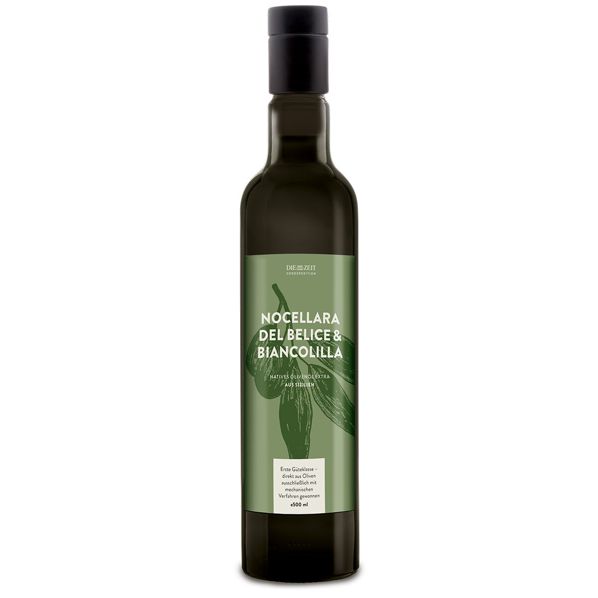 Abgebildet ist eine elegante, dunkelgrüne Glasflasche mit schwarzem Schraubverschluss. Das grüne Etikett trägt die weiße Aufschrift „Nocellara del Belice & Biancolilla“. Dezente Illustrationen einer Olive und Blätter zieren das Etikett, darunter weitere Angaben zu Herkunft und Inhalt.