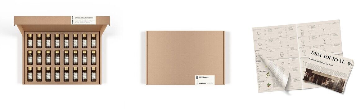 Eine Tastingbox mit verschiedenen Spirituosen-Spezialitäten, bestehend aus mehreren Miniaturflaschen, elegant verpackt in einer beigen Schachtel. Neben der Box liegt ein Tasting Journal, um Notizen zu den verkosteten Getränken zu machen.