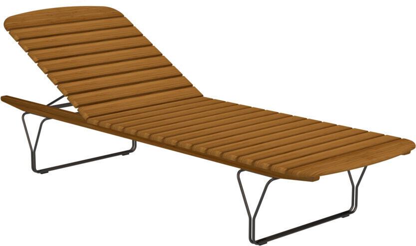 Eine stilvolle, moderne Liege aus Holz mit schwarzem Gestell. Die Liege ist verstellbar und hochwertig verarbeitet, perfekt für Balkon, Terrasse oder Garten.