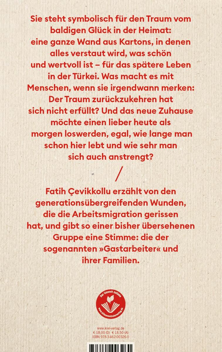Das Bild zeigt das Buchcover von 'Çevikkollu, F: Kartonwand'. Es beinhaltet Text über das Thema Migration von Gastarbeitern und ihrer Familien. Der Hintergrund ist beige, der Text ist schwarz und rot.