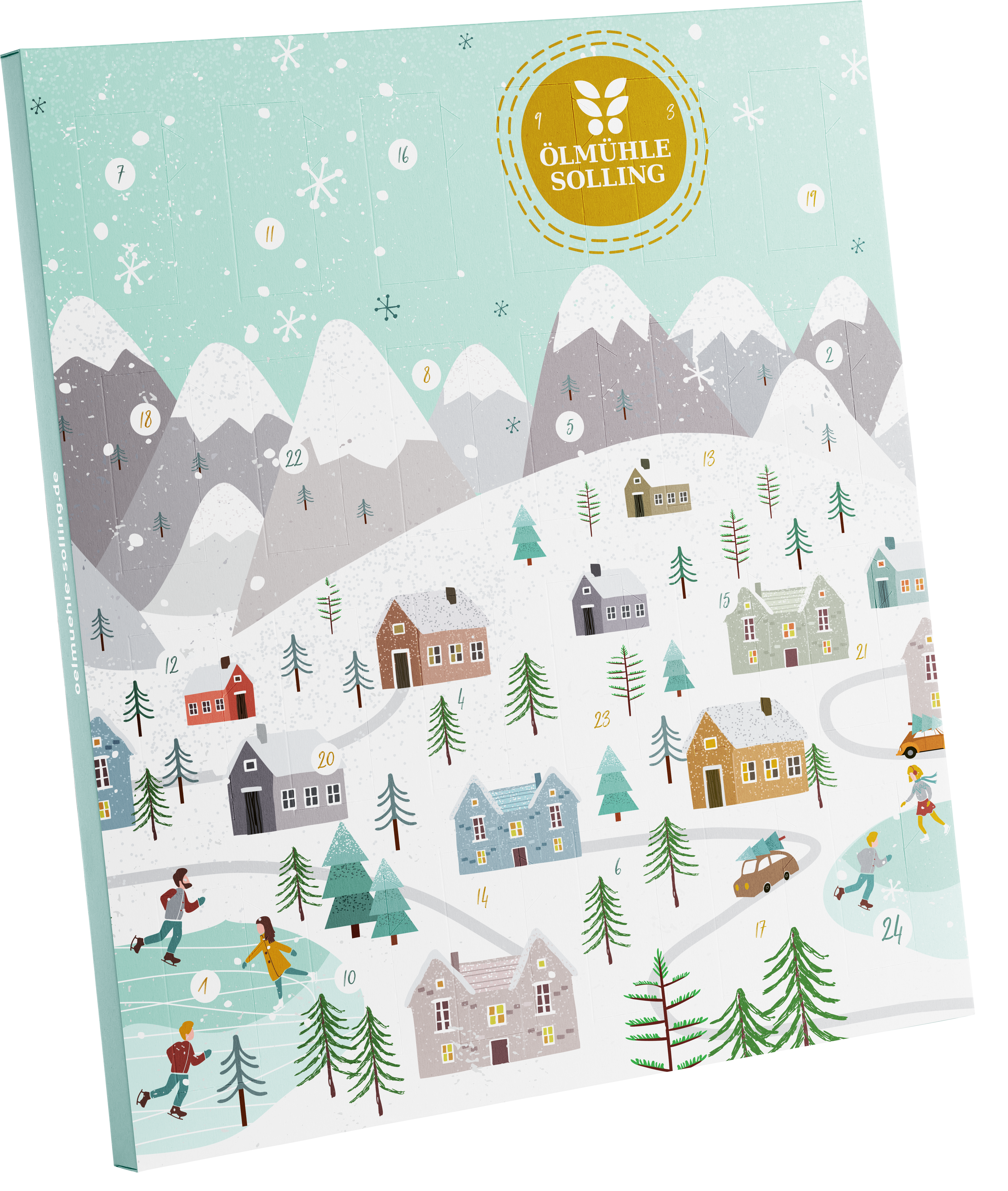 Adventskalender mit einer winterlichen Dorflandschaft, verschneiten Bergen, Eisläufern auf einem zugefrorenen See, kleinen Häusern, Bäumen und nummerierten Türchen auf hellblauem Hintergrund. Ideal für Kinder und Familien in der Weihnachtszeit.