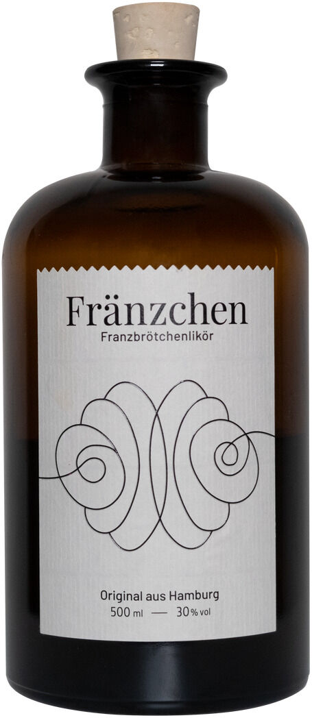 Eine 500 ml Flasche Fränzchen Franzbrötchenlikör mit 30% Vol. aus Hamburg. Die Flasche ist braun mit einem Korkverschluss und einem weißem Etikett.
