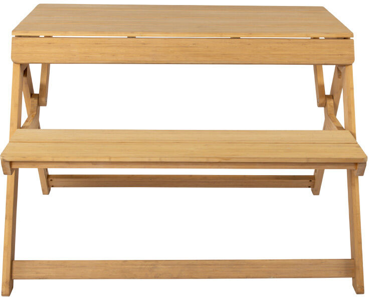 Eine klappbare Tischbank aus Bambus in heller Holzoptik, bestehend aus einer rechteckigen Tischplatte und einer fest verbundenen Bank. Das Möbelstück ist zusammengebaut, stabil konstruiert und für den Innen- und Außenbereich geeignet.