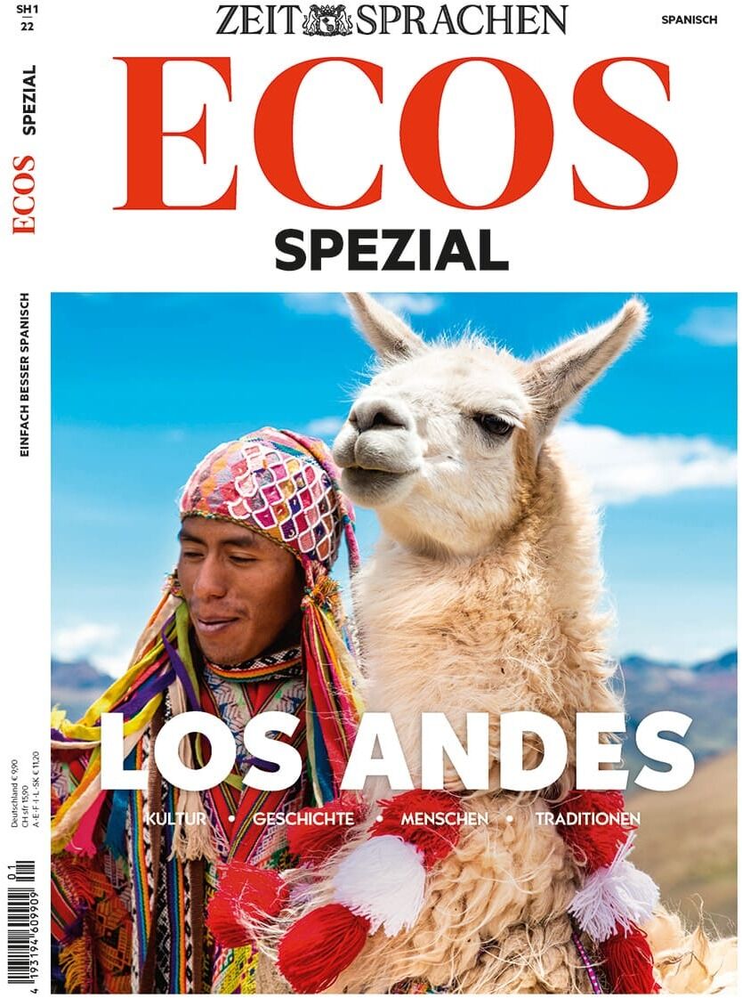 Cover der Zeitschrift Ecos Heft 04/2022 Sonderausgabe mit dem Titel 'LOS ANDES'. Ein detailreich gekleideter Einheimischer steht neben einem Lama vor einer Berglandschaft. Oben steht ‚ZEIT SPRACHEN’, 'ECOS' und 'SPEZIAL'.