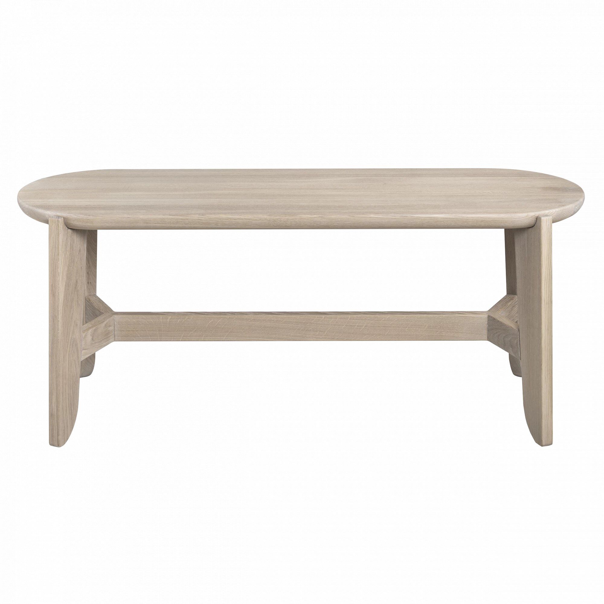 Abbildung einer Sitzbank aus hellem Holz im minimalistischen skandinavischen Design. Die Bank hat eine ovale Sitzfläche und stabile Beine, ideal für Wohnzimmer, Flur oder Essbereich.