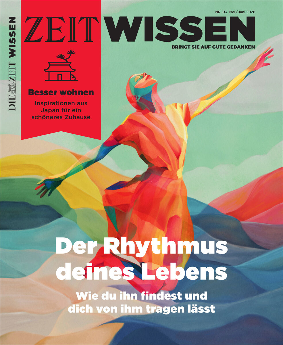 Titelbild des Magazins ZEIT WISSEN 05/2025 mit farbiger Illustration einer tanzenden, lebensfrohen Person vor abstraktem Hintergrund. Großflächige Überschrift: "Der Rhythmus deines Lebens". Links rotes Banner zu Wohninspiration aus Japan.