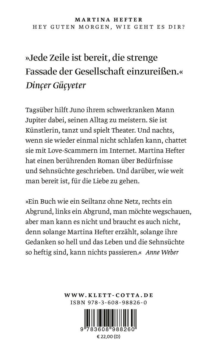 Rückseite des Buches 'Hey guten Morgen, wie geht es dir?' von Martina Hefter mit einer Inhaltsbeschreibung und Zitaten. Es hat einen weißen Hintergrund und schwarzen Text. Unten Links ist ein Barcode sichtbar.