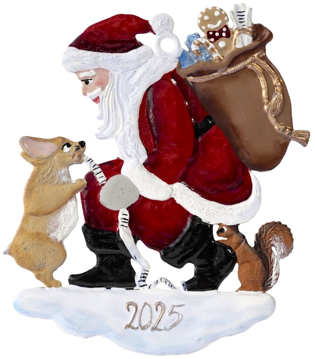 Handbemalte Zinnfigur mit einem Weihnachtsmann in rotem Mantel, der auf einem Schneehügel mit der Jahreszahl 2025 kniet und einem stehenden Corgi einen Wunschzettel entgegennimmt. Im Hintergrund ist ein großer brauner Geschenkesack und ein Eichhörnchen zu sehen. Die Figur ist detailreich gefertigt und illustriert eine festliche, winterliche Szene.