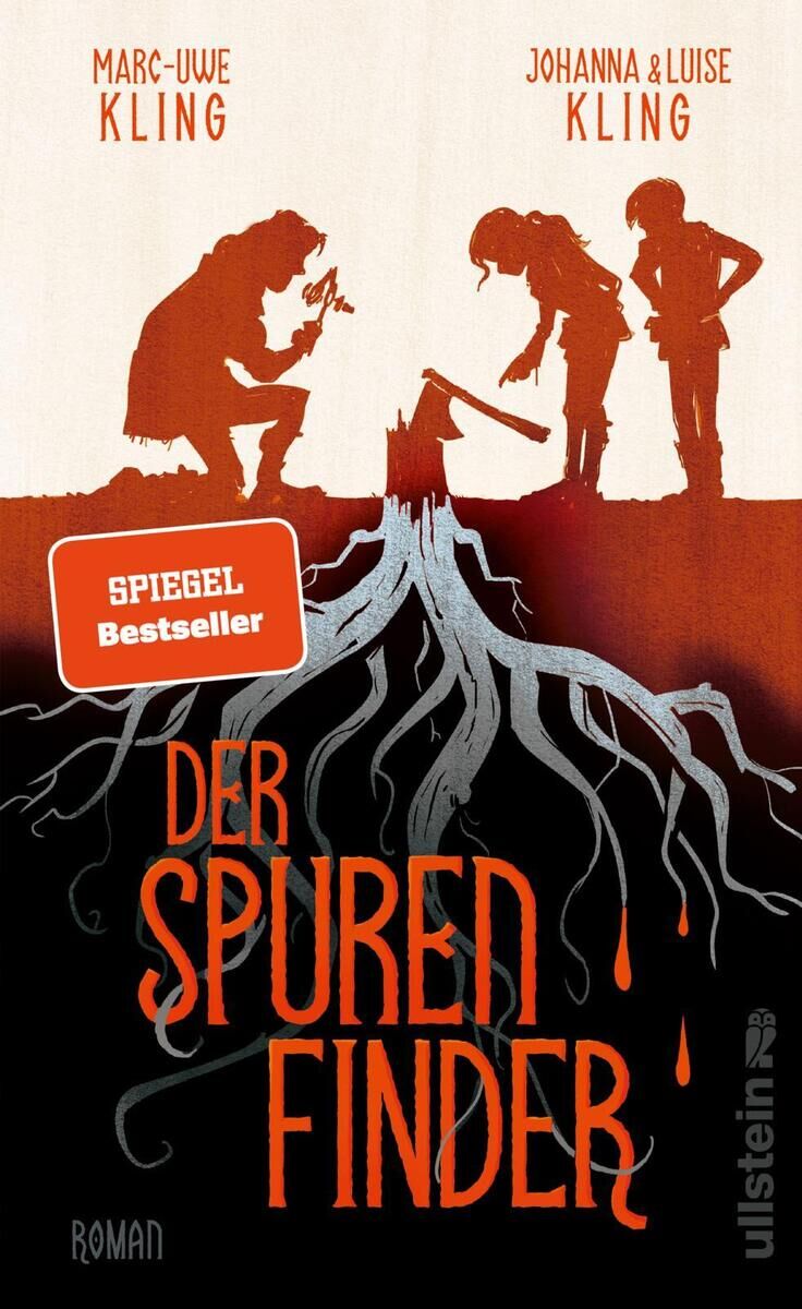 Cover des Buches 'Der Spurenfinder' von Marc-Uwe, Johanna und Luise Kling. Das Bild zeigt eine Illustration von drei Figuren, die über einer großen Wurzel stehen. Die Farben sind hauptsächlich rot, schwarz, weiß und orange. Ein 'SPIEGEL Bestseller' Sticker ist auf dem Cover zu sehen.