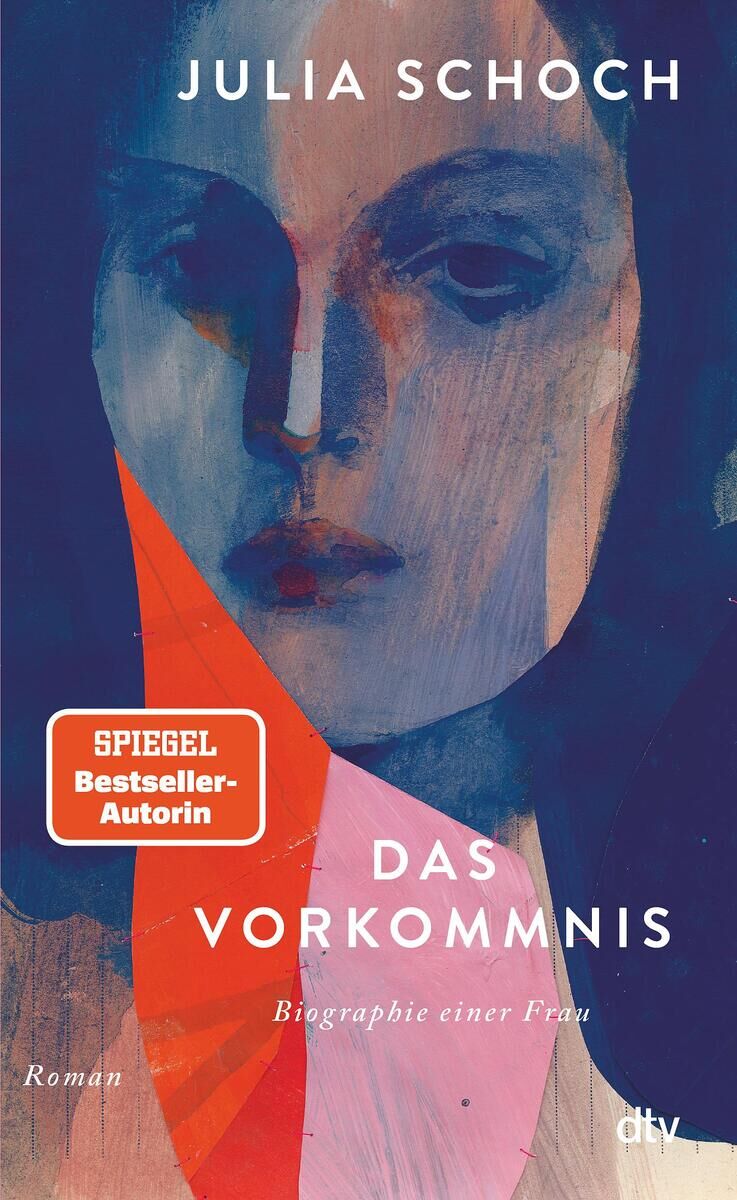 Abstraktes Buchcover 'Das Vorkommnis' von Julia Schoch. Ein gemaltes Frauenporträt in Blau- und Rottönen dominiert das Bild, begleitet von einem 'Spiegel-Bestseller-Autorin' Siegel.
