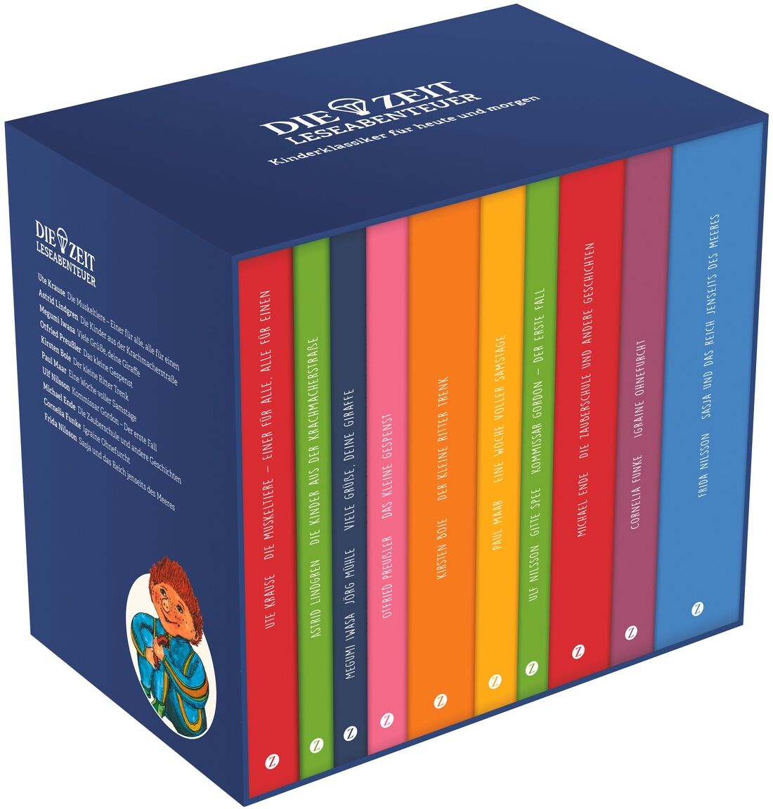 Buchbox ZEIT-Edition »Leseabenteuer« mit farbenfrohen Kinderbüchern in verschiedenen Farben, geordnet in einem blauen Karton. Die Vorderseiten der Bücher sind in Blau, Grün, Gelb, Orange, Rot und Türkis gestaltet.