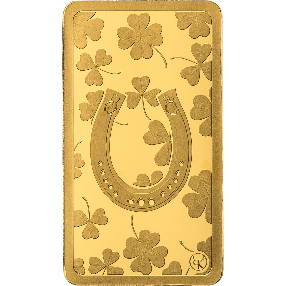 Rechteckiger Goldbarren mit eingeprägtem Hufeisen und mehreren Kleeblättern als Motiv. Der Münzbarren symbolisiert Glück und wird häufig als Geschenk oder Sammlerobjekt verwendet.
