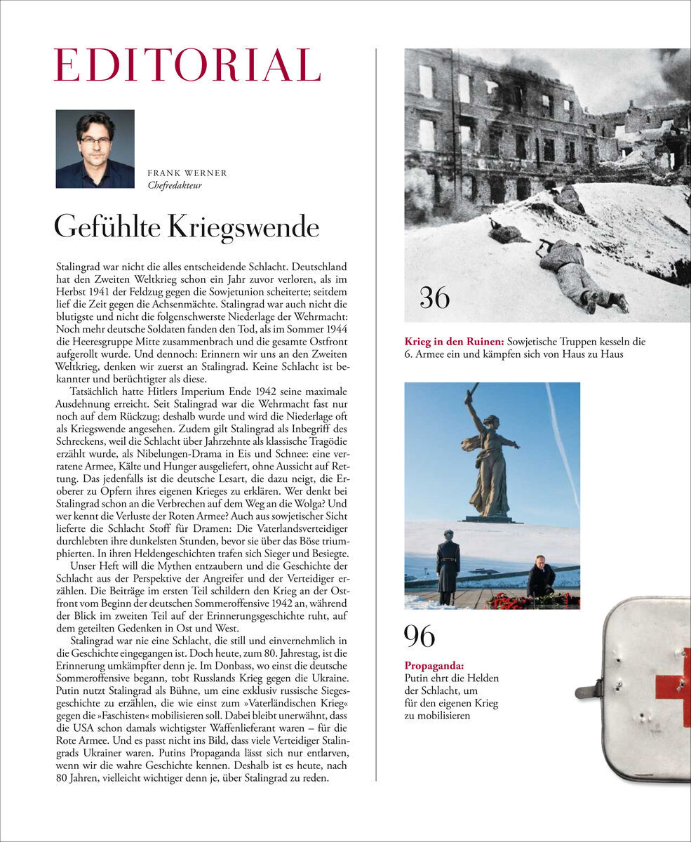 Titelblatt des Magazins ZEIT GESCHICHTE 1/23 mit dem Titel 'Stalingrad'. Oben links ein Bild von Frank Werner, unten links ein Bild von Kriegstruinen und Soldaten beim Rückzug, in der Mitte ein Propagandabild mit einer großen Statue und Soldaten.