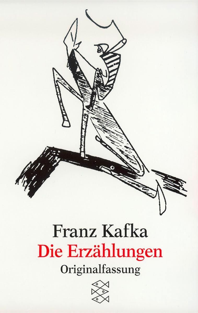 Buchcover von 'Franz Kafka - Die Erzählungen, Originalfassung' mit einem abstrakten schwarz-weißen Zeichnung und rotem Titel auf weißem Hintergrund.
