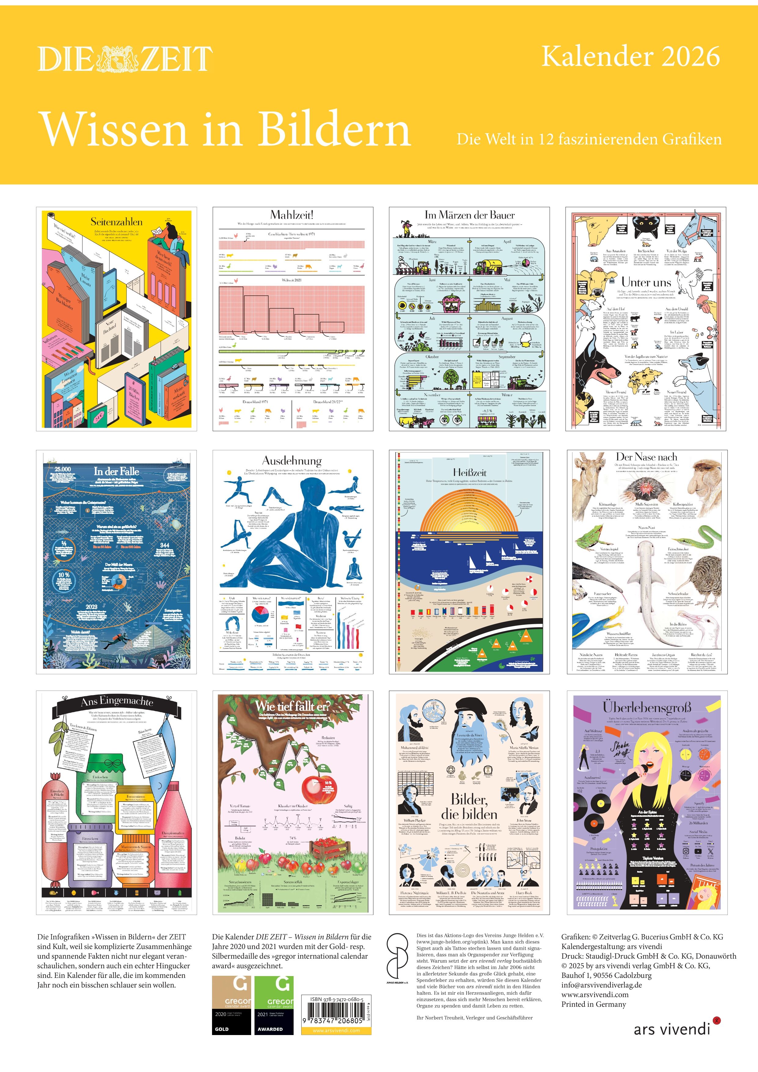 Ein Kalender für das Jahr 2026 mit dem Titel »Wissen in Bildern«. Der Kalender besteht aus 12 farbenfrohen Infografiken, die verschiedene Wissensbereiche darstellen. Ideal für Bildung, Wissenschaft und als Geschenkidee.