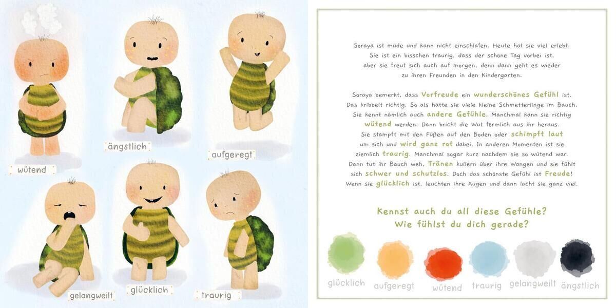 Illustration aus dem Kinderbuch 'So bin ich - Wähle das, was zu dir passt' zeigt mehrere Schildkrötenfiguren mit unterschiedlichen Gesichtsausdrücken und Emotionen wie wütend, ängstlich, aufgeregt, glücklich und traurig. Jede Figur trägt einen grünen Panzer. Hintergrund in hellen Farben.