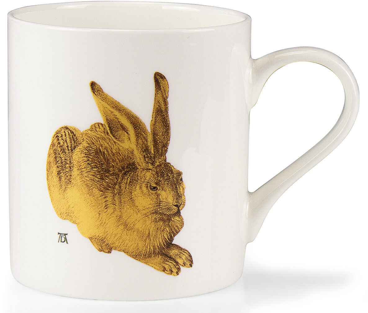 Ein Porzellanbecher mit einem detaillierten Bild eines Feldhasen, basierend auf einem Kunstwerk von Albrecht Dürer. Der Becher hat einen Henkel und eine glänzende Oberfläche.