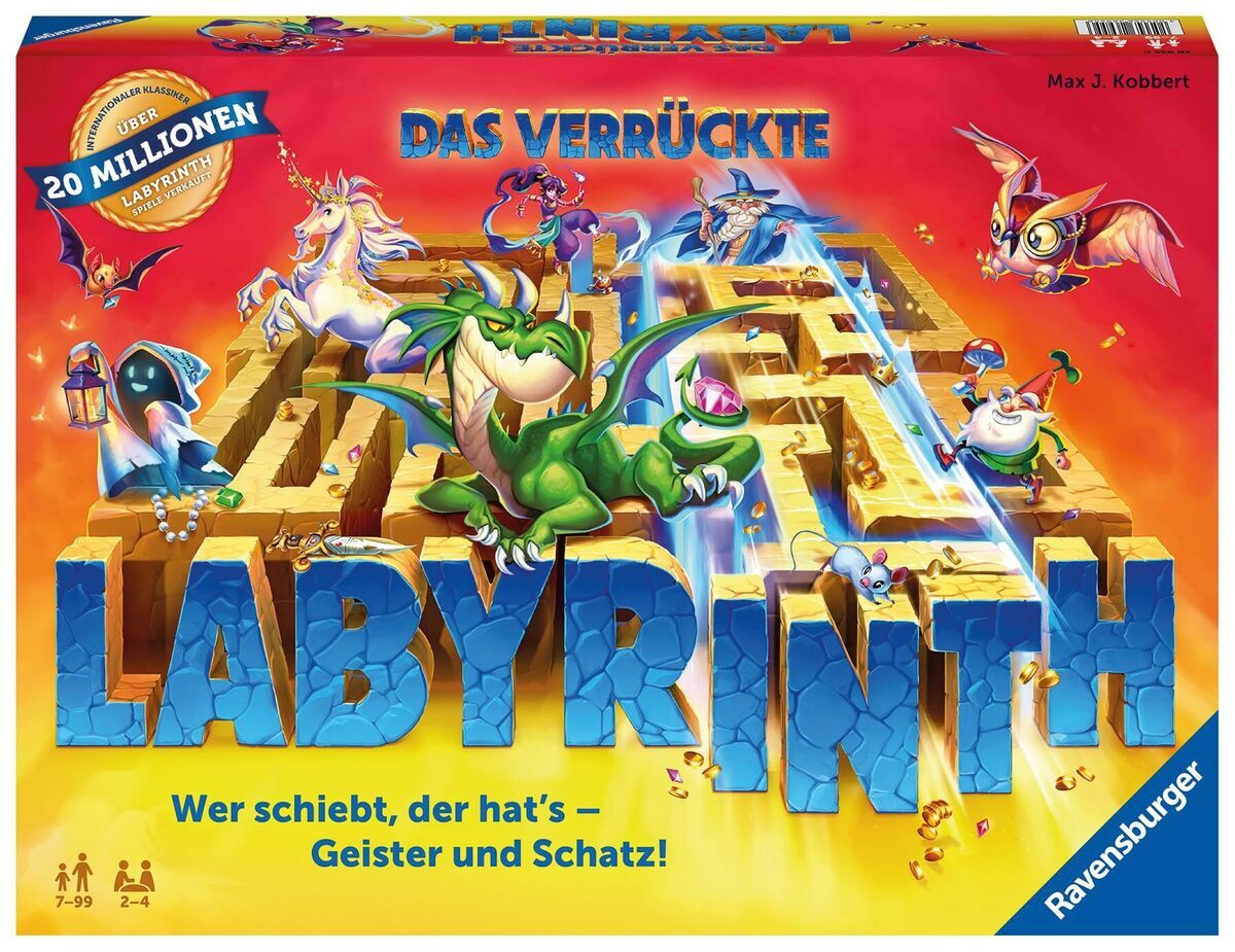 Das verrückte Labyrinth Brettspiel von Ravensburger. Farbenfrohe Schachtel mit animierten Figuren wie Drachen und Geistern, Titel oben in blauen Buchstaben, darunter eine magische Labyrinth-Szene.