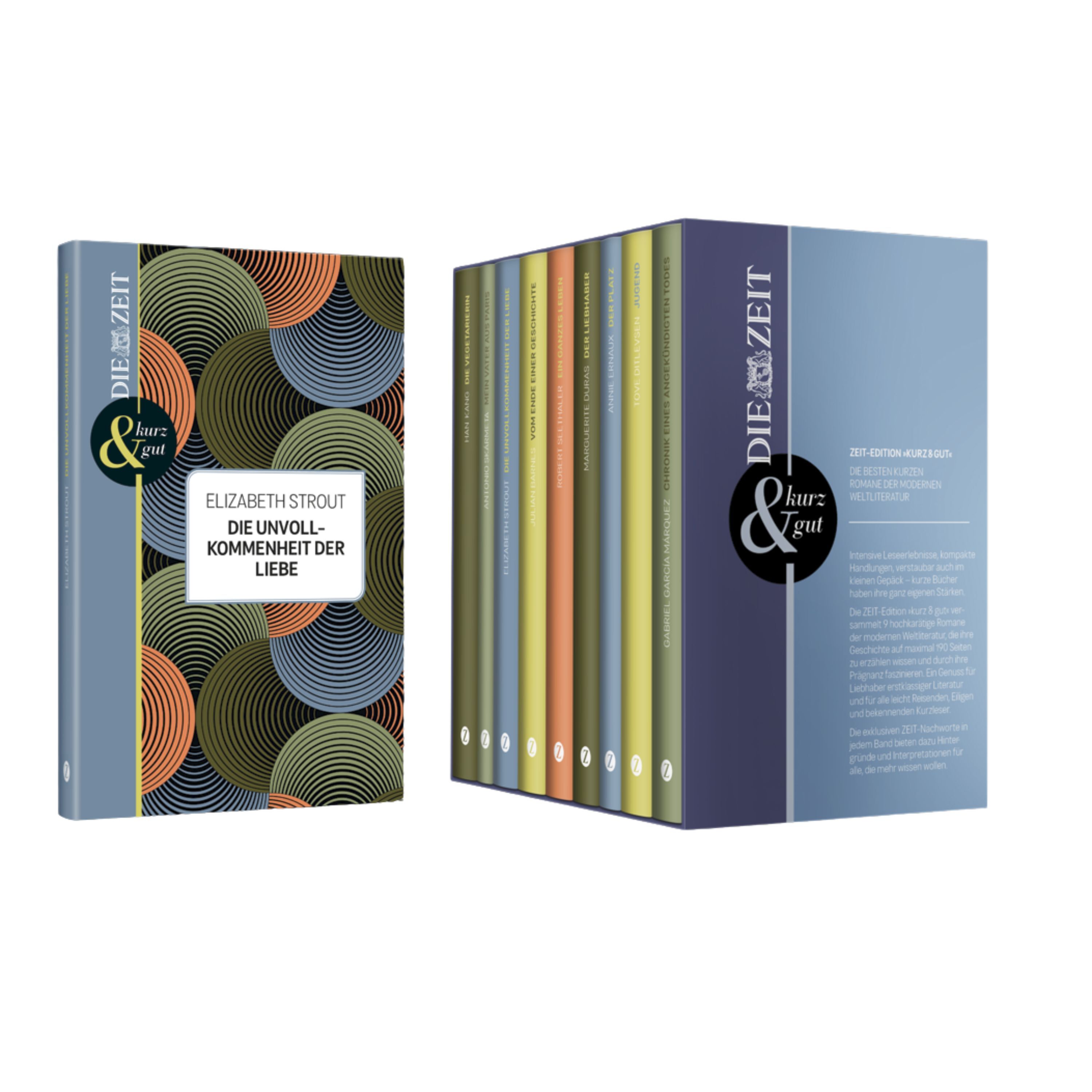 Die ZEIT-Edition »kurz & gut«: Neun gebundene, farbenfrohe Hardcover-Bände mit Schutzumschlag und Lesebändchen stehen in einem hochwertigen, blau gehaltenen Schuber. Buchcover mit stilisierten, bunten Kreismustern sorgen für einen modernen Look.
