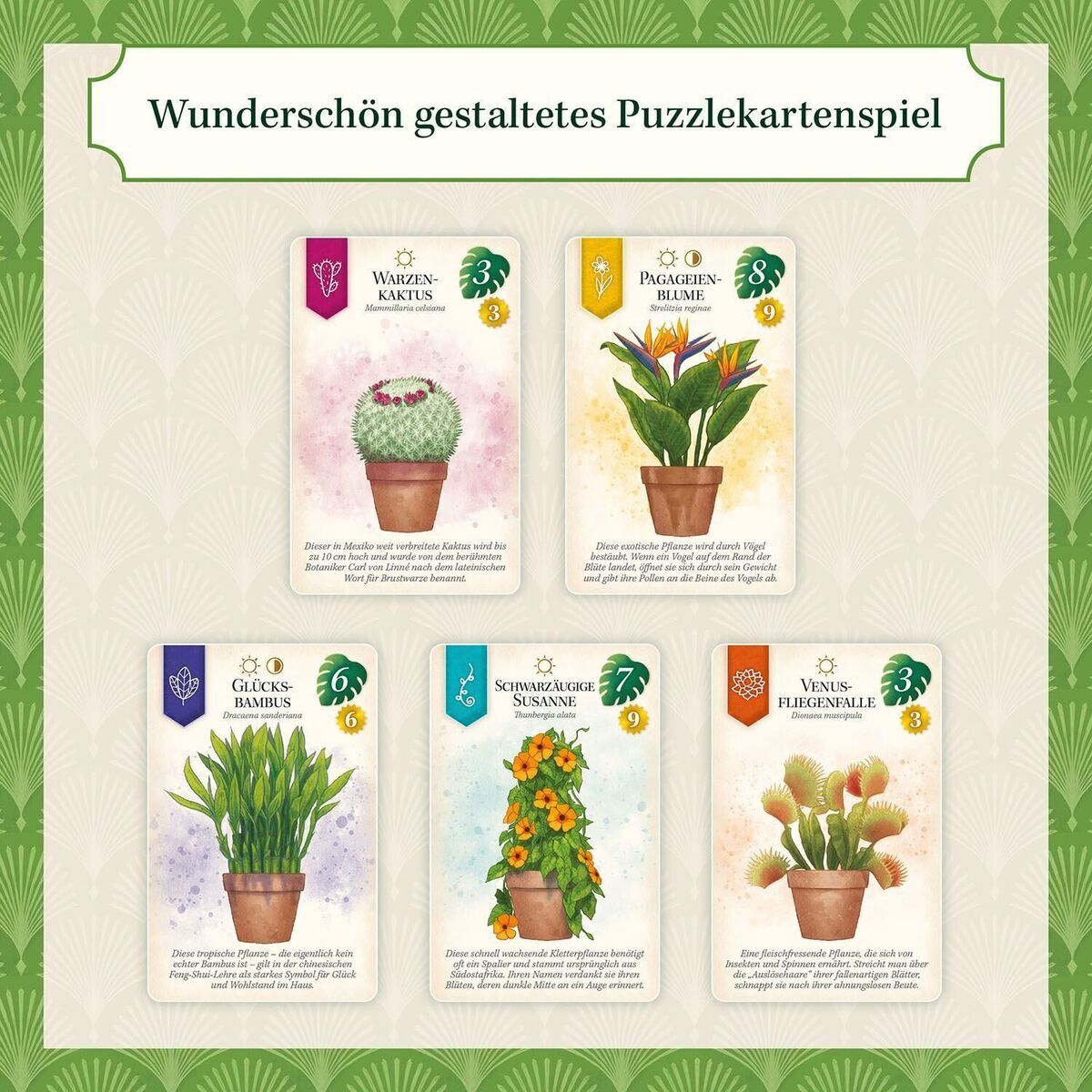 Ein wunderschön gestaltetes Puzzle-Kartenspiel mit Illustrationen von verschiedenen Topfpflanzen wie Kakteen und Blumen, präsentiert auf einer grünen Hintergrundfarbe mit geometrischen Mustern.