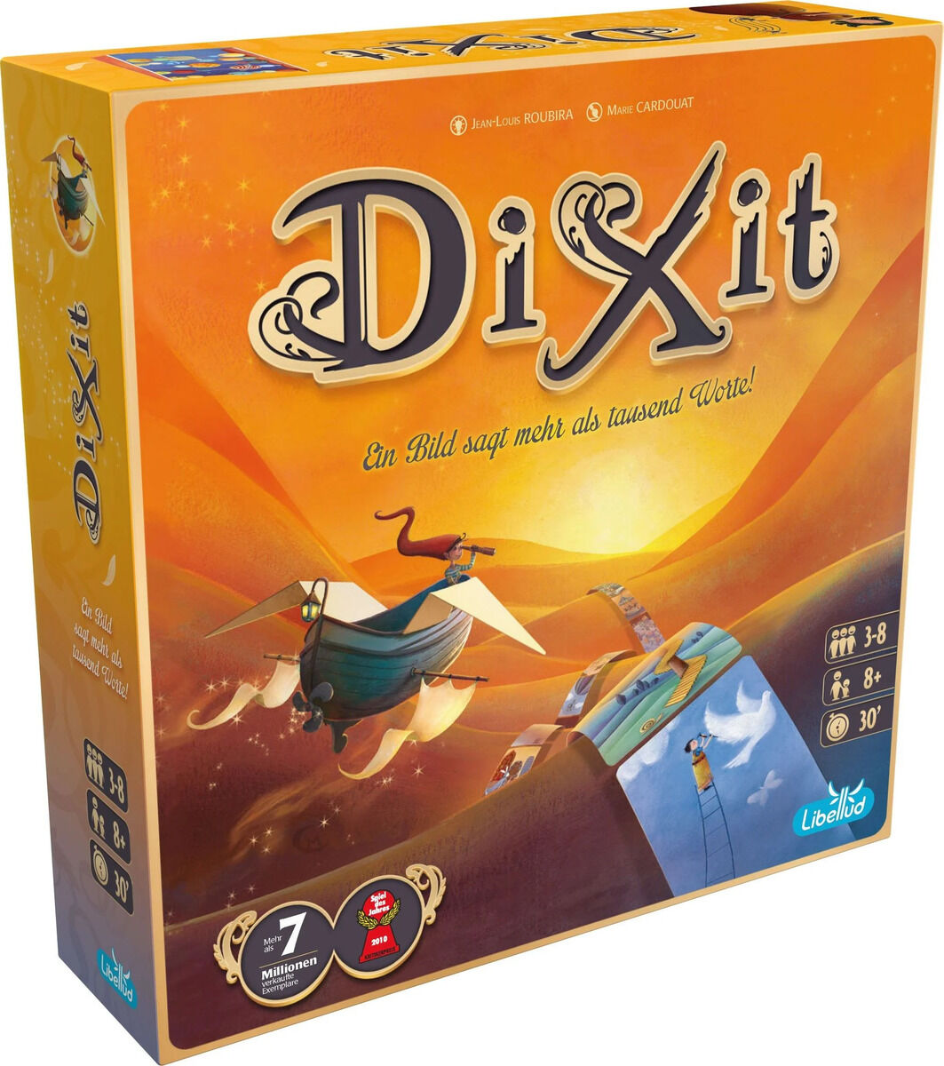 Dixit Brettspiel in einer orangefarbenen Verpackung mit fantasievollen Illustrationen und dem Slogan 'Ein Bild sagt mehr als tausend Worte'.