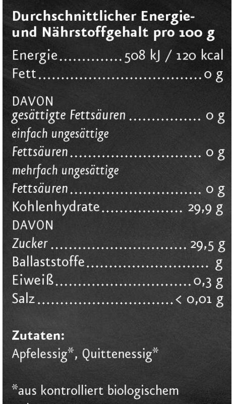 Detailaufnahme eines Etiketts mit Nährwertangaben für 100 g Apfel-Quittenessig. Angaben zu Energie, Fett, gesättigten und ungesättigten Fettsäuren, Kohlenhydraten, Zucker, Ballaststoffen, Eiweiß und Salz, sowie Zutaten: Apfelessig und Quittenessig aus biologischem Anbau.