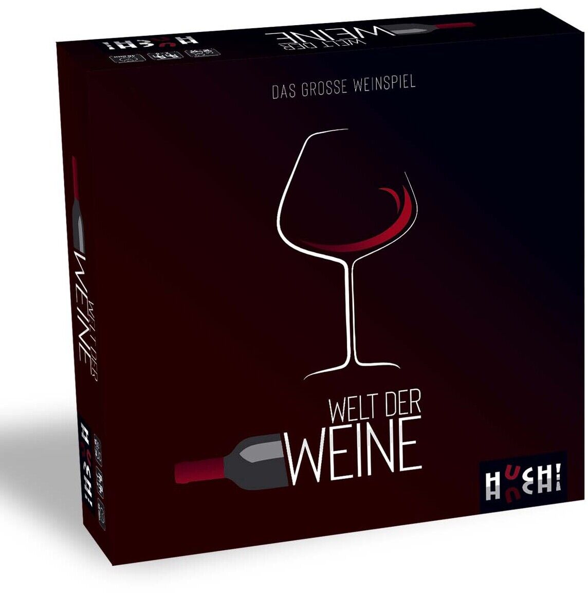 Box des Gesellschaftsspiels 'Welt der Weine' mit einem stilisierten Weinglas und einer Flasche auf schwarzem Hintergrund. Der Titel ist in großen weißen Buchstaben mit einem roten Akzent gestaltet.