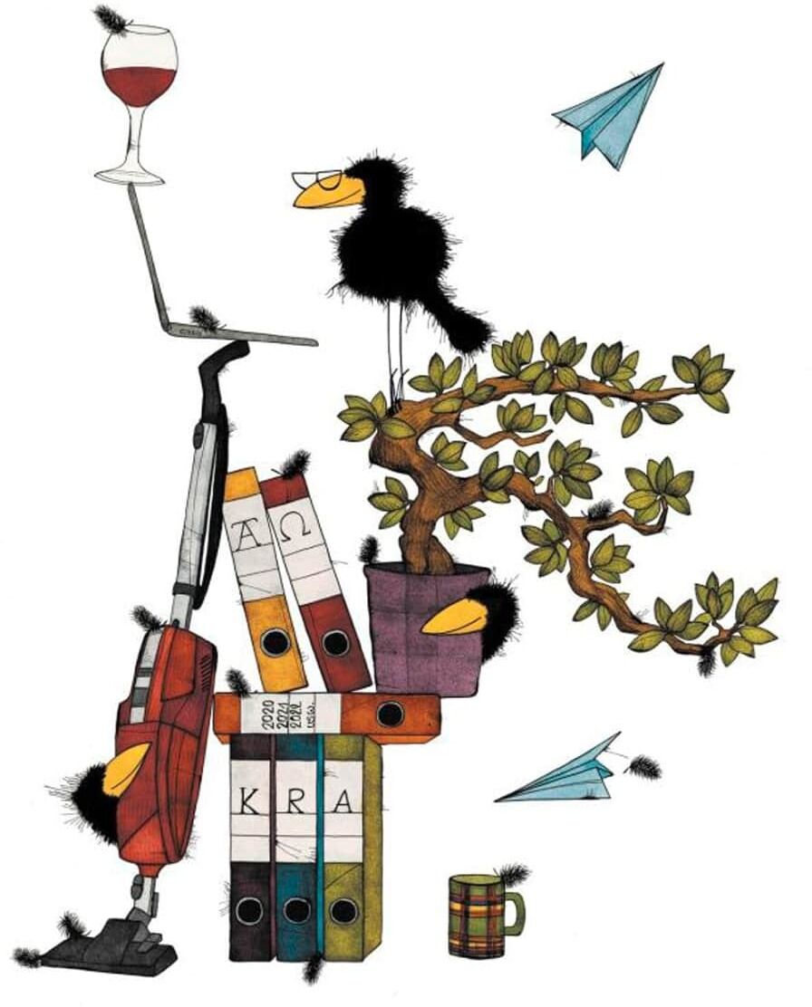 Illustration von Michael Ferner, betitelt »Home Sweet Home Office (II)«. Humorvolles Bild zeigt eine Szene mit Vögeln auf einem Bücher- und Ordnerstapel, einer Pflanze, einem Staubsauger, einem Weinglas und Papierfliegern. Farben: rot, grün, schwarz, weiß, blau, braun, gelb und orange.