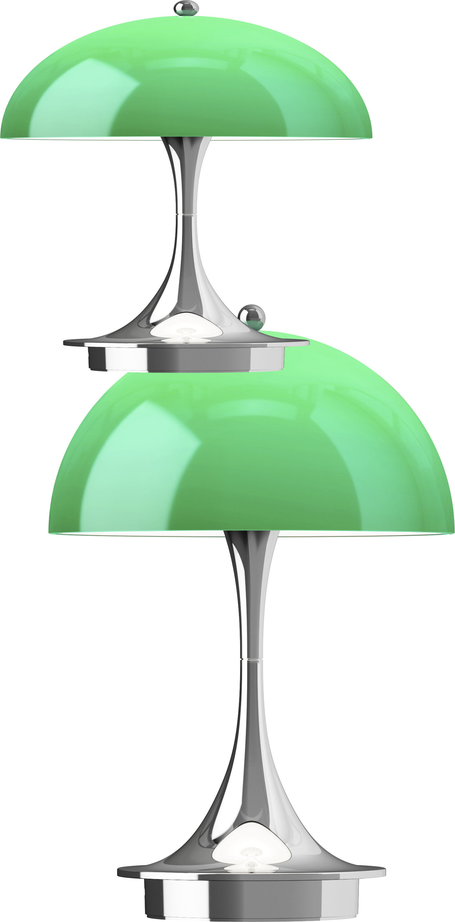 Eine kleine, moderne Tischleuchte mit glänzend grünem, halbkugelförmigem Schirm, schlankem silbernen Ständer und rundem Fuß. Die Lampe steht zentral vor weißem Hintergrund und wirkt elegant und minimalistisch, typisch für skandinavisches Design.