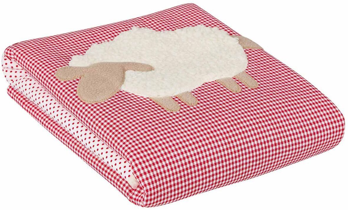 Rote Baby-Kuscheldecke mit weiß-rotem Gittermuster und einer Schaf-Applikation in der Mitte. Das Schaf hat eine beige Farbe und ist aus weichem Material.