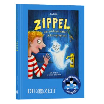Das Buchcover von "Zippel – Das wirklich wahre Schlossgespenst" von Alex Rühle zeigt einen Jungen im rot-weißen Ringelpullover, der lachend auf ein freundliches, weiß leuchtendes Schlossgespenst blickt. Hintergrund ist blau, rechts unten ein Siegel "Ausgezeichneter Lesespaß".