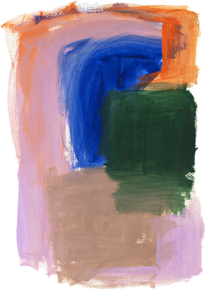 Ein abstraktes Kunstwerk auf einer weißen Leinwand. Es zeigt eine lebhafte Mischung aus orangen, blauen, grünen, lila und braunen Farbtönen. Die Farben sind in einem dynamischen und kreativen Stil aufgetragen und erzeugen eine moderne und künstlerische Atmosphäre.