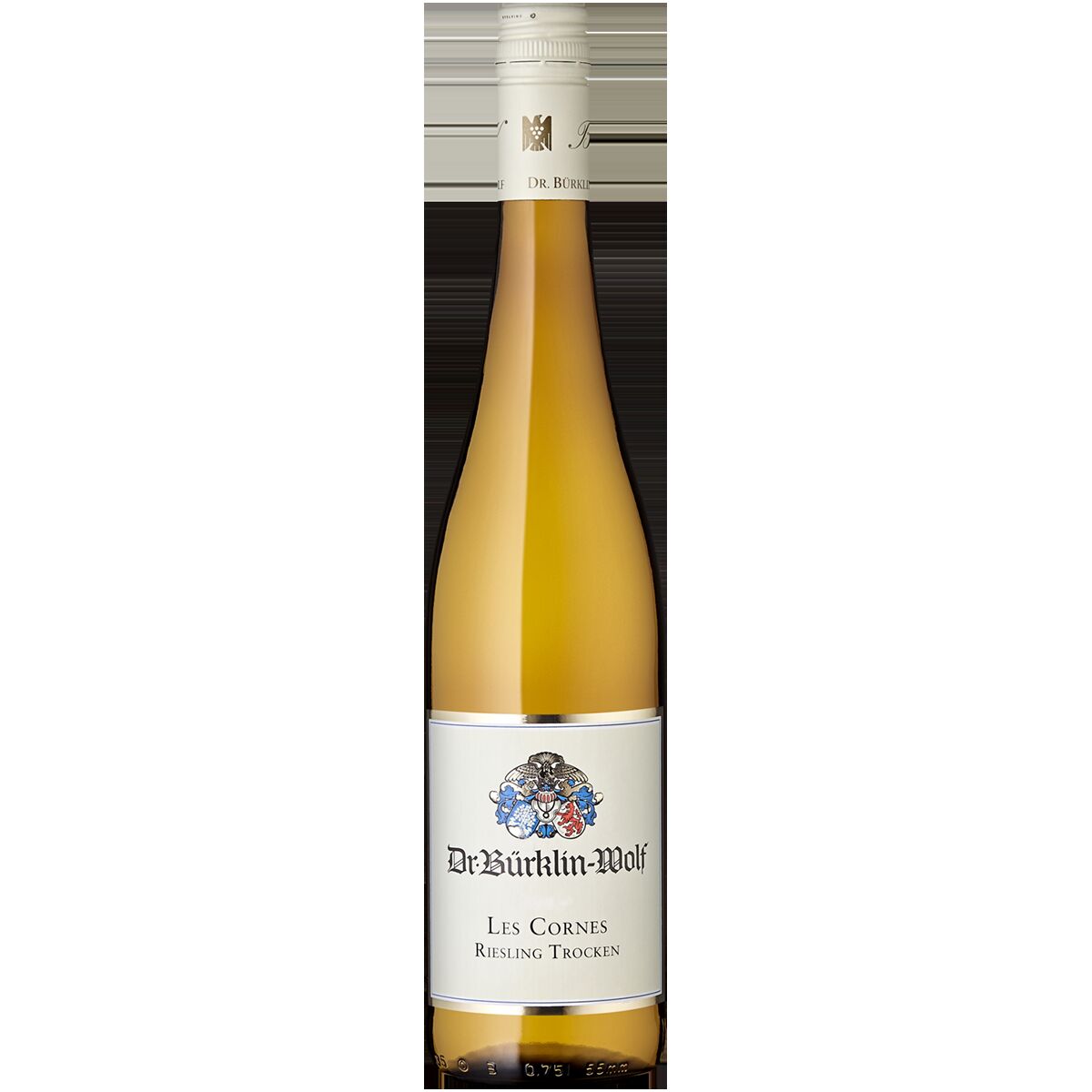 Eine einzelne Flasche Riesling Trocken vom Weingut Dr. Bürklin-Wolf steht aufrecht vor neutralem Hintergrund. Das Etikett ist weiß mit goldener und blauer Verzierung sowie dem Wappen der Marke. Der Inhalt wirkt hellgelb bis goldfarben. Die Flasche ist schlank mit langem Hals und goldfarbener Kapsel.