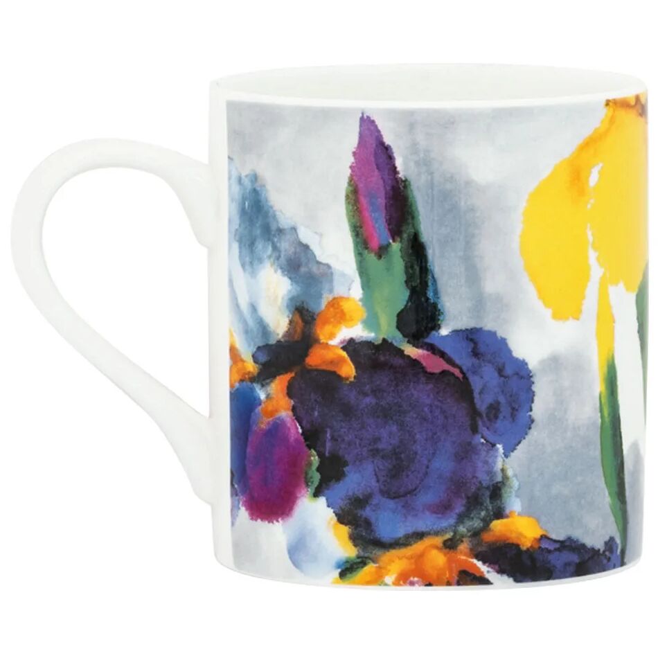 Porzellantasse aus dem Set 'Emil Nolde: 4 Becher mit Künstlermotiven Sommerblumen' von ars mundi. Die Tasse zeigt ein farbenfrohes Blumenmotiv in kräftigem Gelb, Lila, Blau und Orange auf weißem Grund. Das abstrakte, künstlerische Design erinnert an gemalte Sommerblumen.
