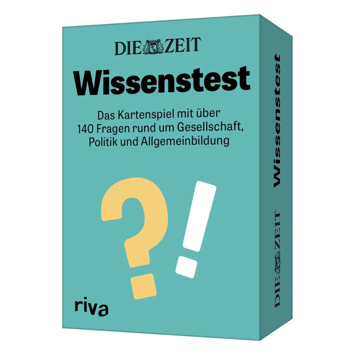 Die Abbildung zeigt die Verpackung des Kartenspiels »Wissenstest« von DIE ZEIT. Die türkisfarbene Box ist mit einem großen gelben Fragezeichen und einem weißen Ausrufezeichen bedruckt. Der Text verspricht über 140 Fragen zu Gesellschaft, Politik und Allgemeinbildung. Das Logo von riva ist unten links abgebildet.