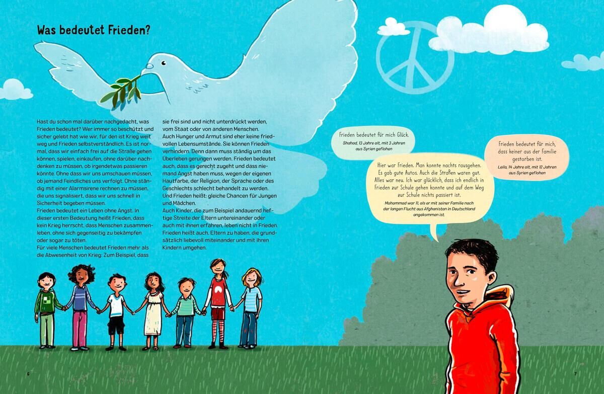 Eine farbenfrohe Illustration zeigt eine Gruppe von Kindern, die sich an den Händen halten, während eine weiße Taube mit einem Olivenzweig im Schnabel darüber fliegt. Ein Junge im roten Pulli steht rechts, und es gibt Sprechblasen mit Texten über Frieden.