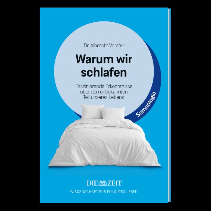 Das Cover des Buchs »Warum wir schlafen« der ZEIT-Edition zeigt ein Bett auf blauem Hintergrund mit weißer Bettwäsche. Im oberen Bereich befindet sich der Titel des Buchs, der auf wissenschaftliche Erkenntnisse zum Schlaf hinweist. Die Gestaltung wirkt minimalistisch und einladend.
