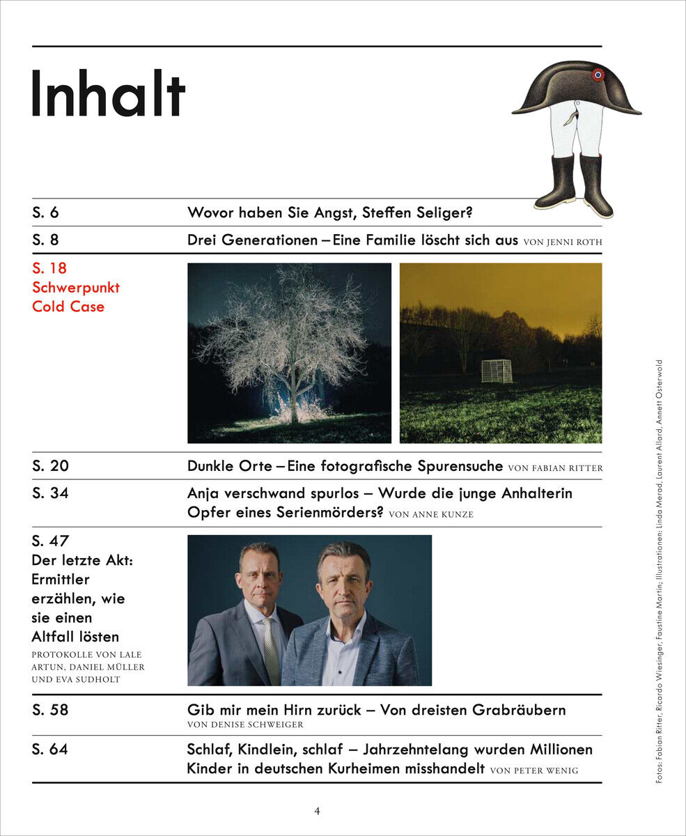 Cover des Magazins ZEIT VERBRECHEN 31/25 mit Inhaltsverzeichnis und einem Bild von zwei Männern in Anzügen; das Design wirkt minimalistisch und ernsthaft, mit roten und schwarzen Akzenten.