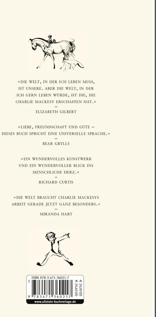 Rückseite des Buches 'Der Junge, der Maulwurf, der Fuchs und das Pferd' von Charlie Mackesy. Enthält Zeichnungen und Zitate wie 'Die Welt, in der ich leben muss, ist unser. Aber die Welt, in der ich gerne leben würde, ist die, die Charlie Mackesy erschaffen hat.'