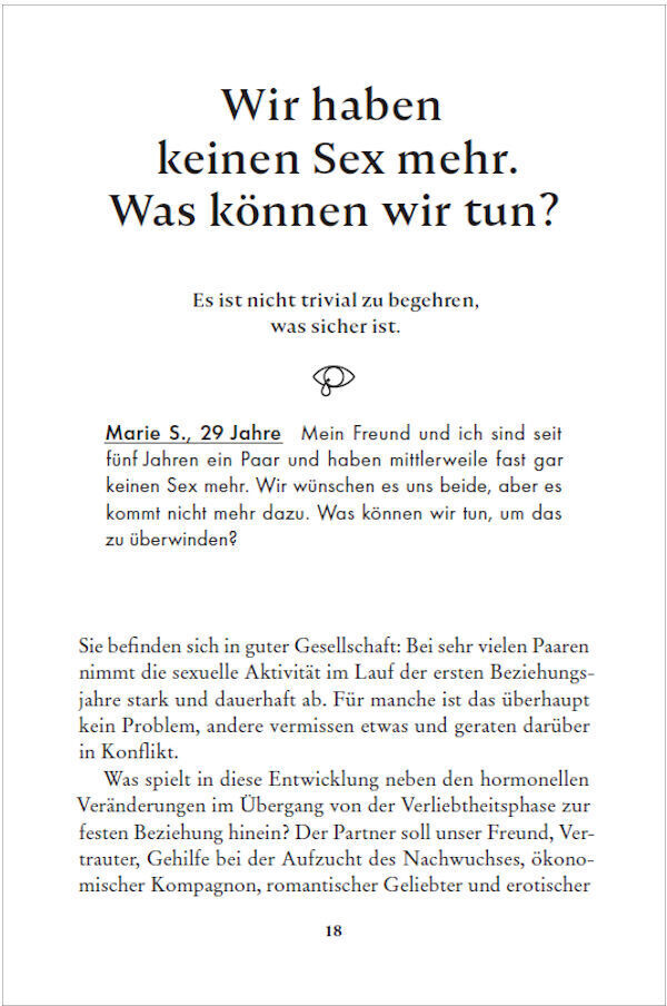 Schwarz-weiß gedruckte Buchseite mit dem Titel 'Wir haben keinen Sex mehr. Was können wir tun? Es ist nicht trivial zu begehren, was schon da ist.' darunter ein Zitat einer 29-jährigen Marie S.