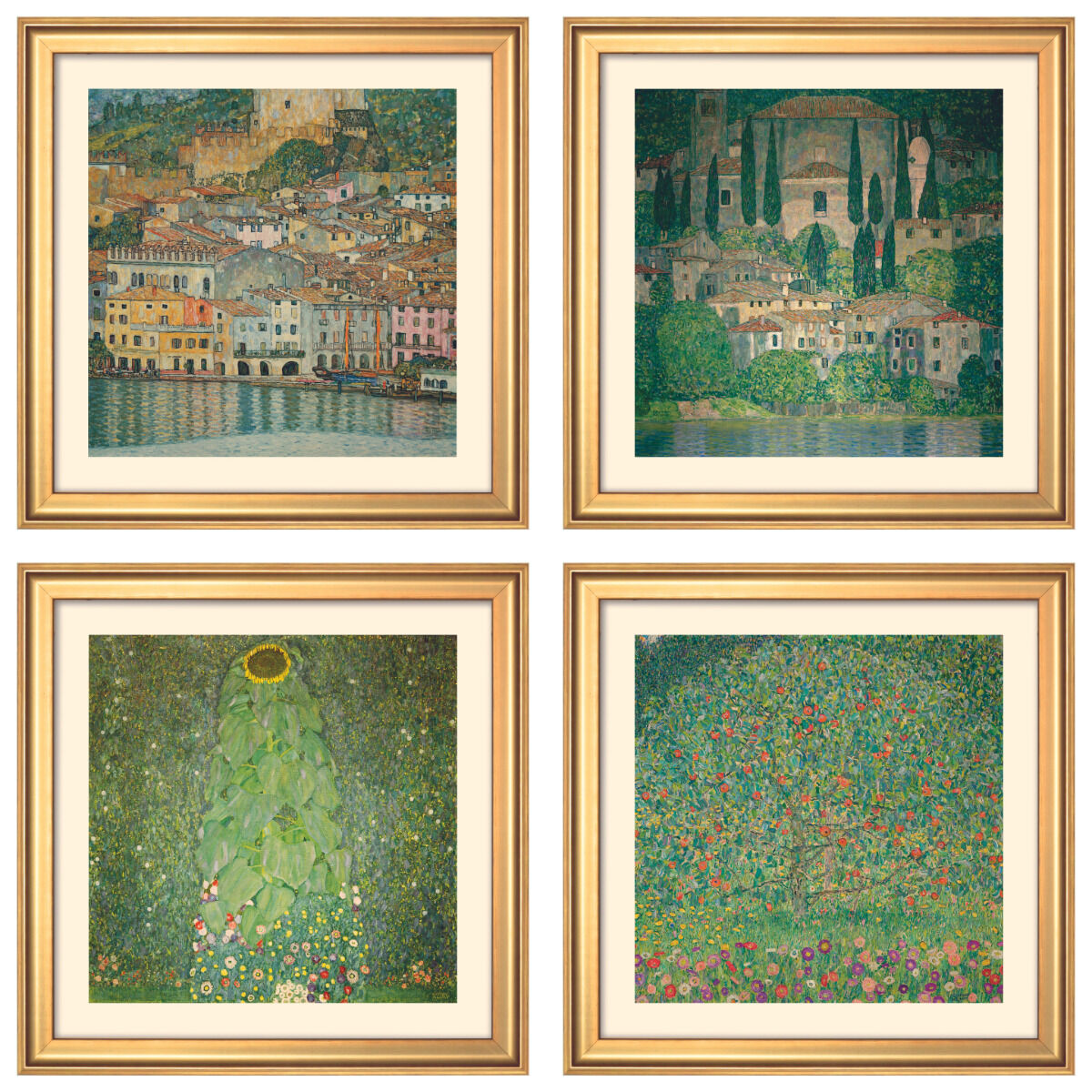 Vier Landschaftsbilder von Gustav Klimt in einem Set, eingerahmt mit goldfarbenen Rahmen. Oben links und rechts sind Städteansichten, unten links ein grünes Blattwerk mit einer Sonnenblume und unten rechts eine Wiese mit bunten Blumen.