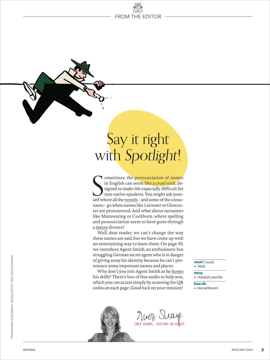 Seitenausschnitt aus Spotlight Magazin 13/2024 mit einer Illustration eines Mannes in grüner Kleidung, der an einem Seil hängend gezeichnet ist. Text widmet sich dem Thema der richtigen Aussprache von Namen. Unten rechts ist ein Foto der Chefredakteurin mit ihrem Namen.