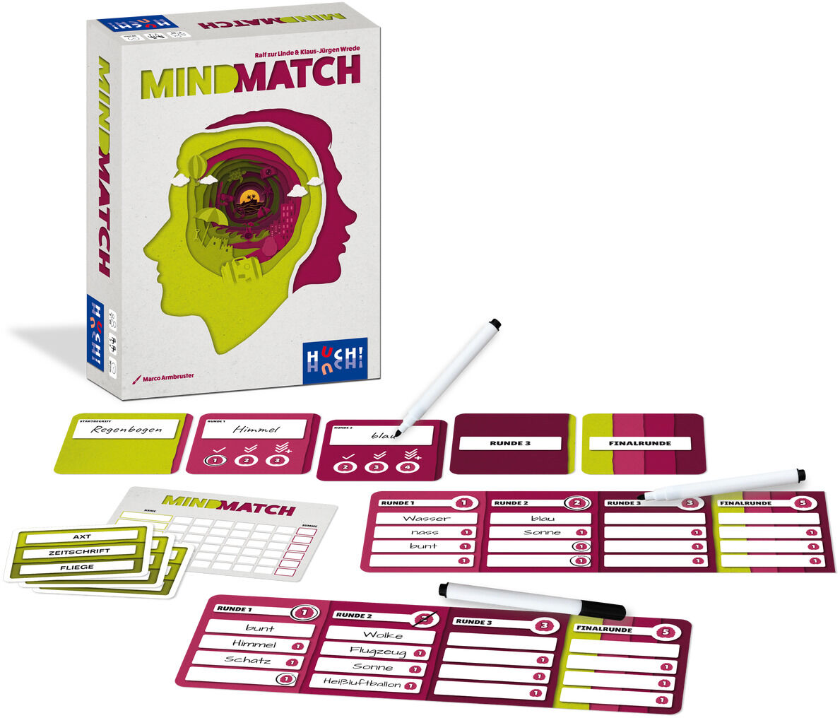 Das Bild zeigt das Spiel 'Mindmatch', bestehend aus einer Schachtel mit grafischem Design eines Kopfes und mehreren Karten, Marker sowie kleinen Spielelementen, die auf dem Tisch ausgebreitet sind. Die Farben sind überwiegend Weiß, Rot, Pink, Grün und Gelb.