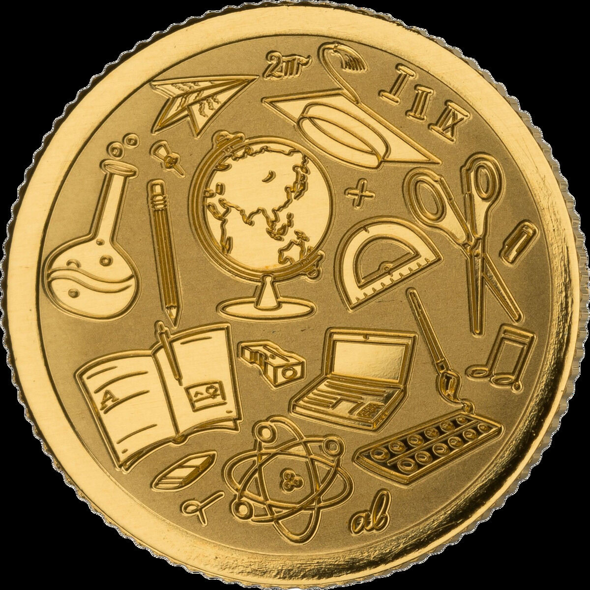 Ein goldener Münz- oder Barrenabbild mit geprägten Symbolen, die mit Schule und Bildung zu tun haben, einschließlich einer Weltkugel, einem Buch, einem Laptops, und verschiedenen Schulutensilien wie Scheren, Bleistiften und Lineal.