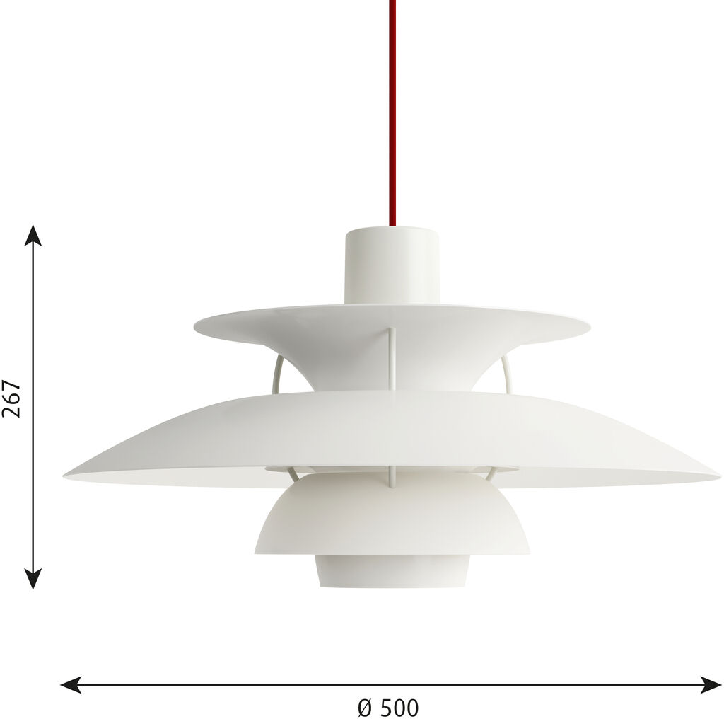 Die ZEIT-Sonderedition Pendelleuchte »PH5 Monochrome« in Weiß und Rot zeigt eine moderne, minimalistische Hängelampe mit weißen Schirmen und einem roten Kabel. Die Lampe hat eine Höhe von 267 mm und einen Durchmesser von 500 mm.