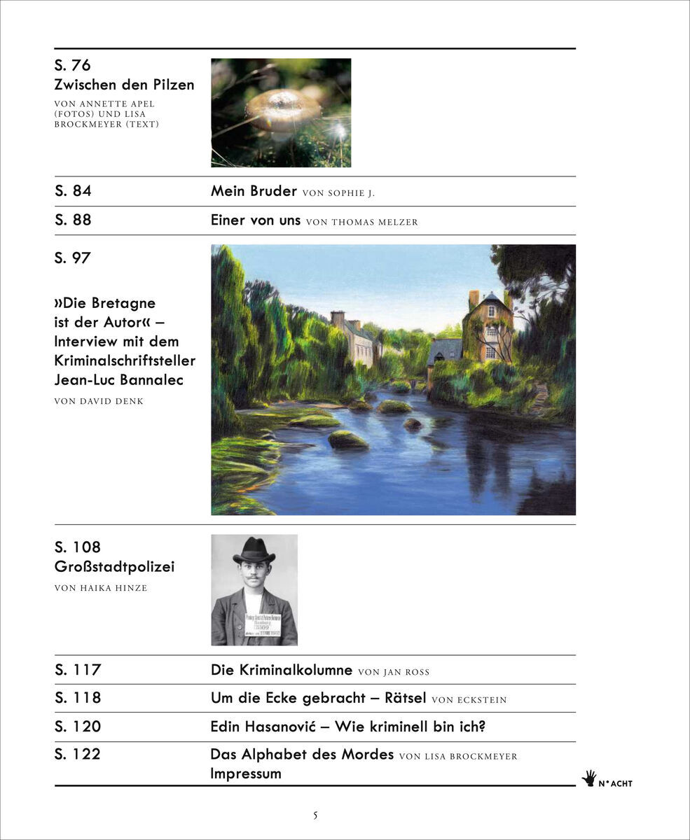 Eine Seite aus der Zeitschrift ZEIT VERBRECHEN 8/20. Oben links Seite 76 mit einem Foto von Pilzen. Rechts ein kurzer Text über eine Geschichte mit dem Titel Mein Bruder. In der Mitte ein farbiges Bild einer Landschaft mit einem Fluss und einem Interview-Titel. Unten auf der Seite ein Schwarz-Weiß-Foto von einem Mann und mehrere Artikelüberschriften.