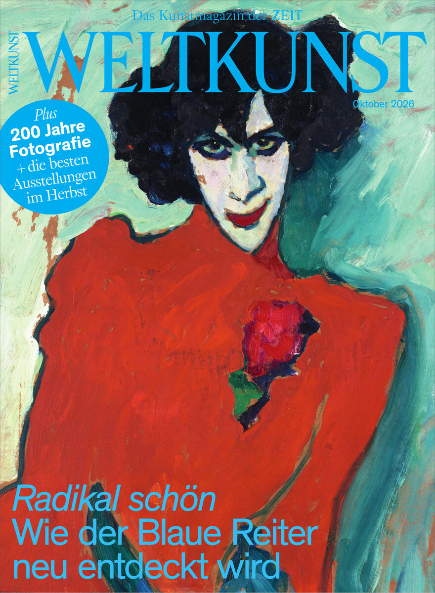 Zeitschriftencover der WELTKUNST mit expressionistischem Porträt einer Frau in Rot vor grün-blauem Hintergrund. Oben groß der Titel, unten der Text: "Radikal schön – Wie der Blaue Reiter neu entdeckt wird". Weitere Hinweise zu Fotografie im blauen Kreis.